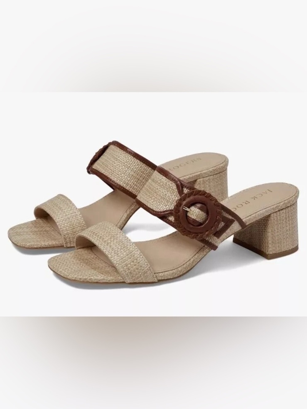 Jack Rogers Callie Buckle Slide Woven Heeled Sandals Luggage Raffia 7.5